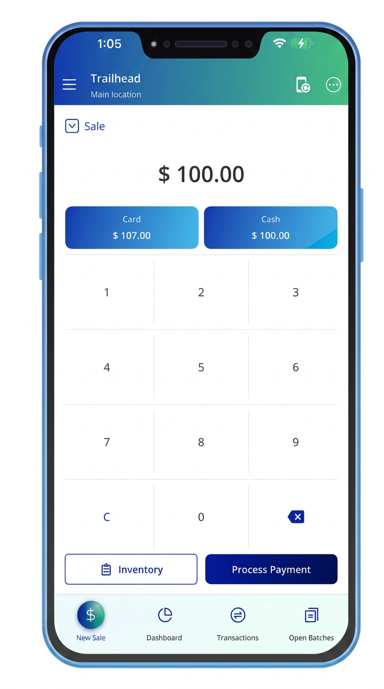TrailPay mobile dashboard showing a live transaction feed